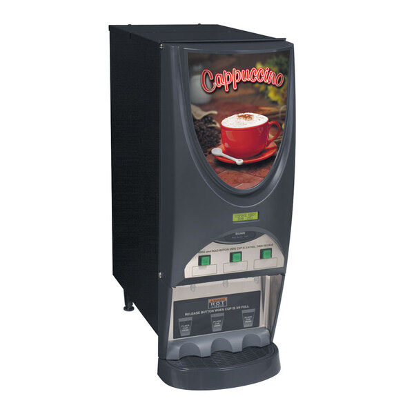 A Bunn powdered cappuccino dispenser with a cup of foamy coffee.