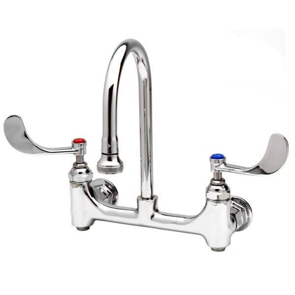 A T&S chrome wall mounted surgical sink faucet with two wrist action handles and a gooseneck spout.