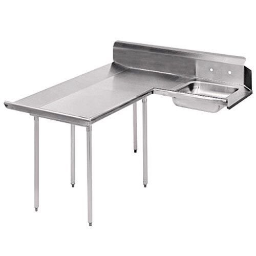 A stainless steel L-shaped dishtable with a left soil table.