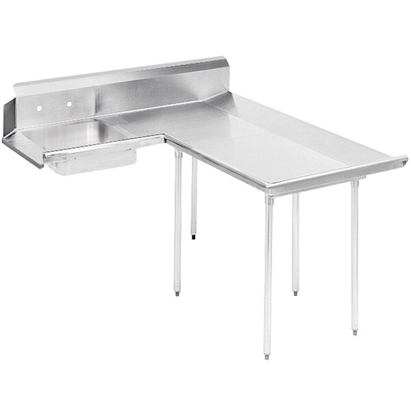 A stainless steel L-shaped dishtable with right soil landing.