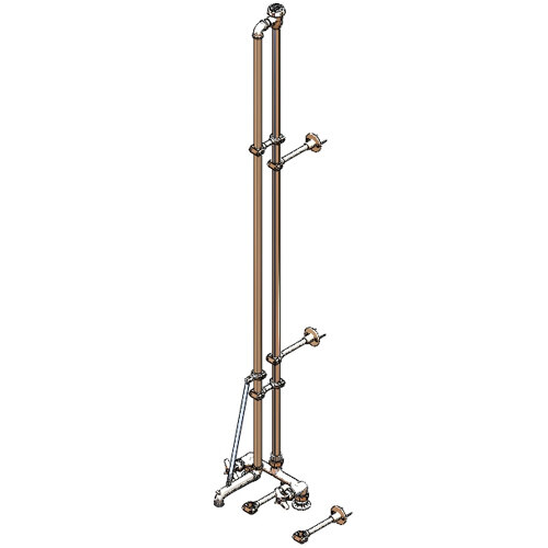 A T&S metal mop sink faucet with 4 arm handles and an elevated vacuum breaker.