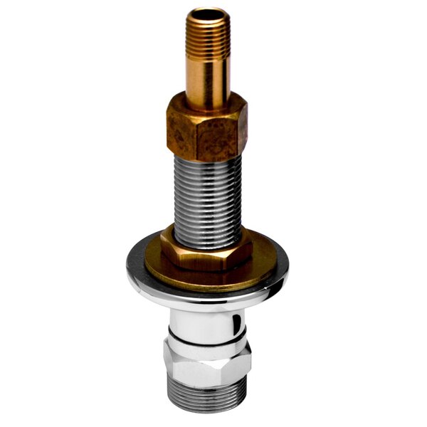 A T&S brass deck mount swivel base outlet with brass threaded pipe fitting and nut.