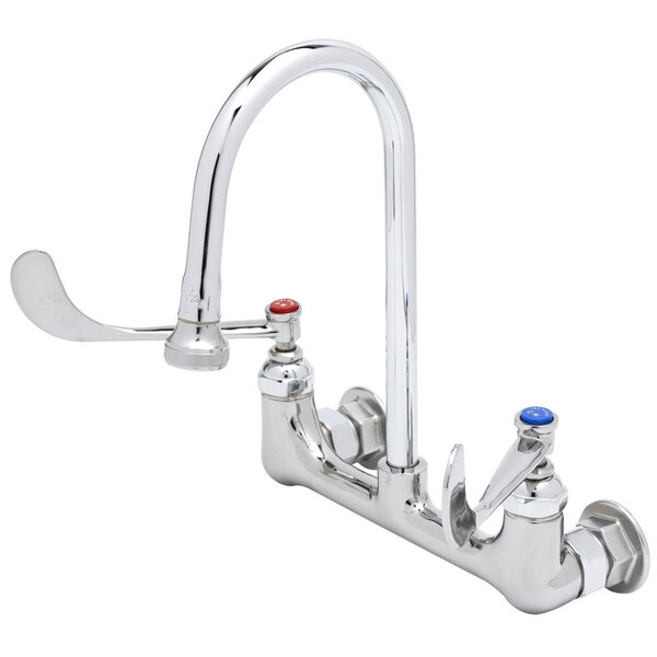 A chrome T&S wall mount faucet with 6" wrist action handles and a rigid gooseneck.