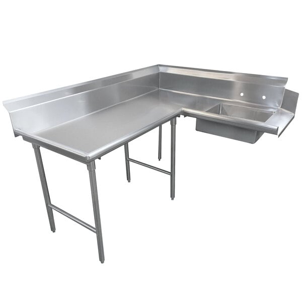 A stainless steel L-shaped soil dishtable with a left sink.