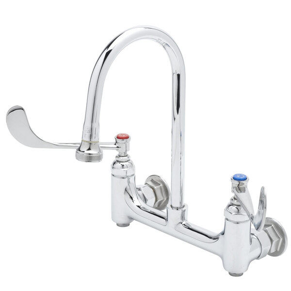 A T&S chrome surgical sink faucet with wrist action handles.