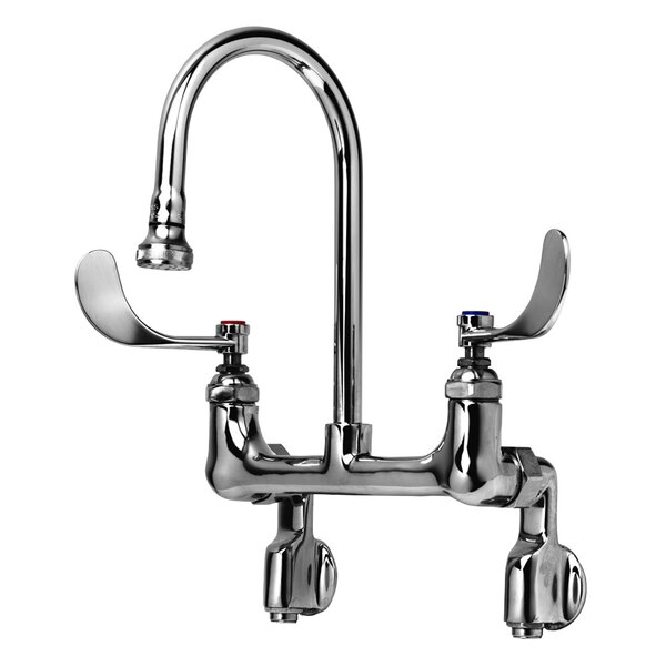A T&S chrome medical faucet with two wrist action handles and a rigid gooseneck spout.