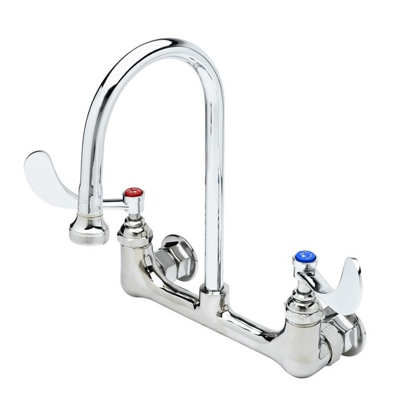 A T&S chrome wall mounted faucet with two blue and two chrome handles.