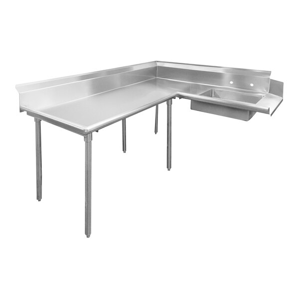 A stainless steel L-shaped dishtable with a counter and a sink.