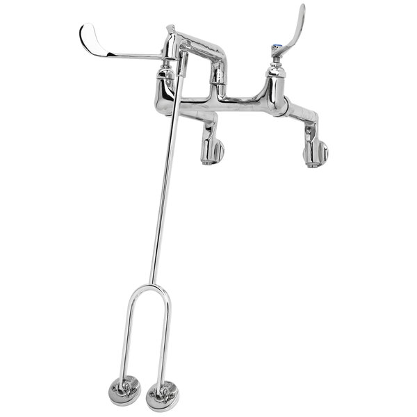 A close-up of a T&S chrome wall mount mop sink faucet with wrist action handles.