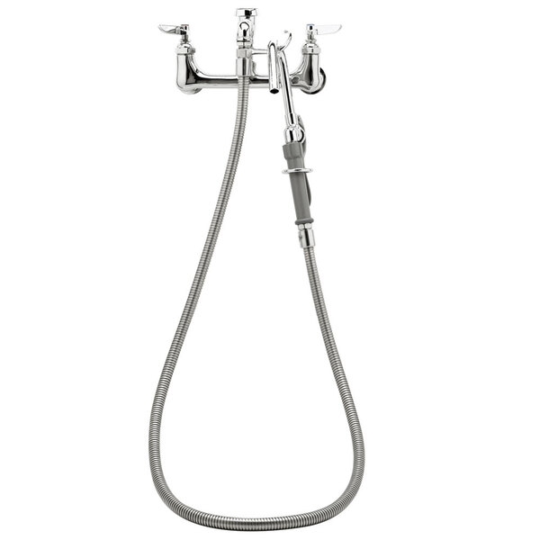 A T&S wall mount pot and kettle filler faucet with a hose attached.
