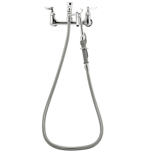 A T&S wall mount pot and kettle filler faucet with hose and hook nozzle.
