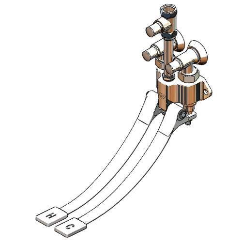 A drawing of a T&S double pedal valve with metal pipes and two handles.