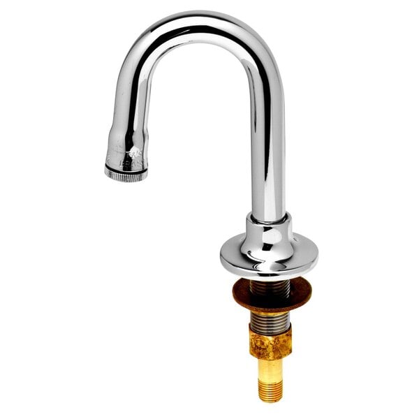 A silver T&S deck mount gooseneck faucet with a gold nut.