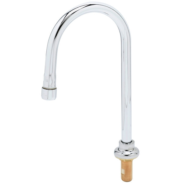 A silver T&S deck mount faucet with a gold base and swivel gooseneck.