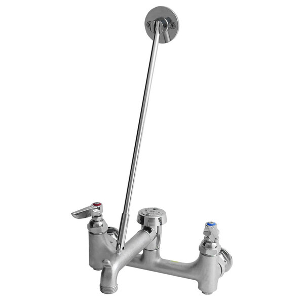 A silver T&S polished chrome wall mount faucet with a long handle.