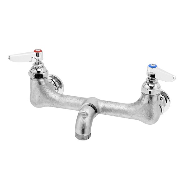 A T&S polished chrome wall mount service sink faucet with two handles.