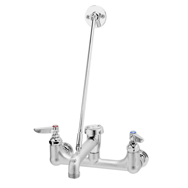 A silver T&S rough chrome wall mount service sink faucet with two long handles.