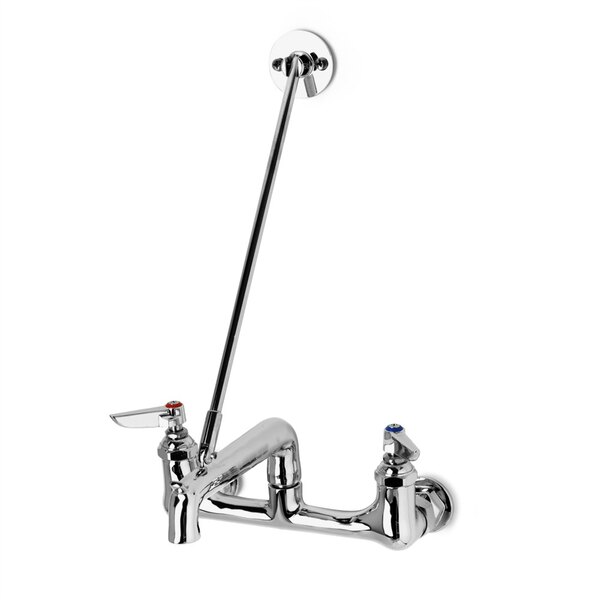 A T&S rough chrome wall mount mop sink faucet with handles.