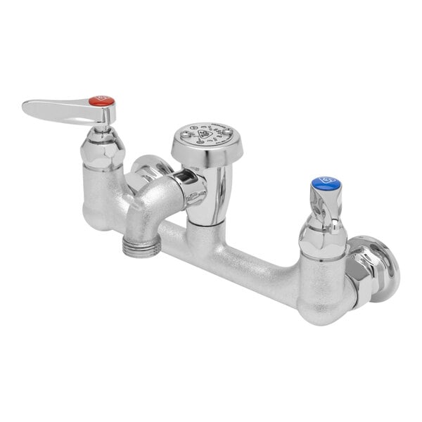 A T&S rough chrome service sink faucet with two silver knobs.