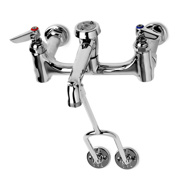 A T&S polished chrome wall mount mop sink faucet with two handles and a vacuum breaker.
