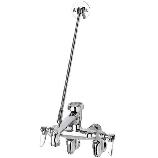 A T&S polished chrome wall mount service sink faucet with a handle and vacuum breaker.