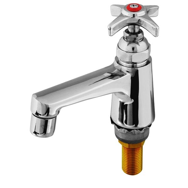 A silver T&S basin faucet with a red and yellow handle.