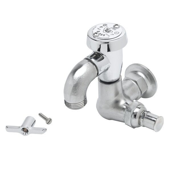 A silver T&S wall mount faucet with a screw at the bottom.