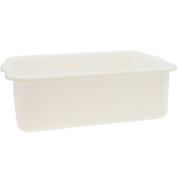 A natural polyethylene plastic bus tub with lid.