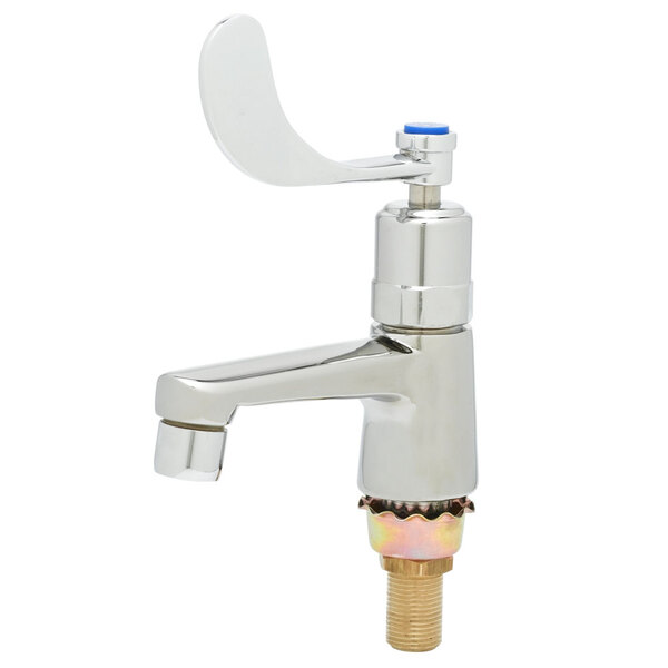 A silver T&S deck-mount faucet with a blue wrist action handle.