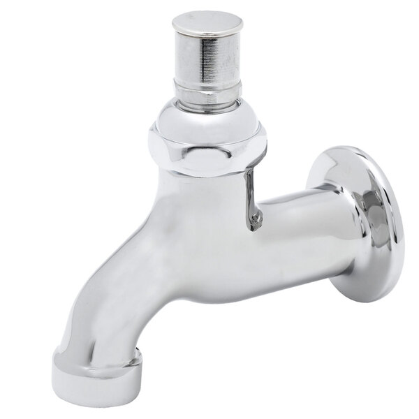 A chrome T&S mop sink faucet with a tee handle and key stop.