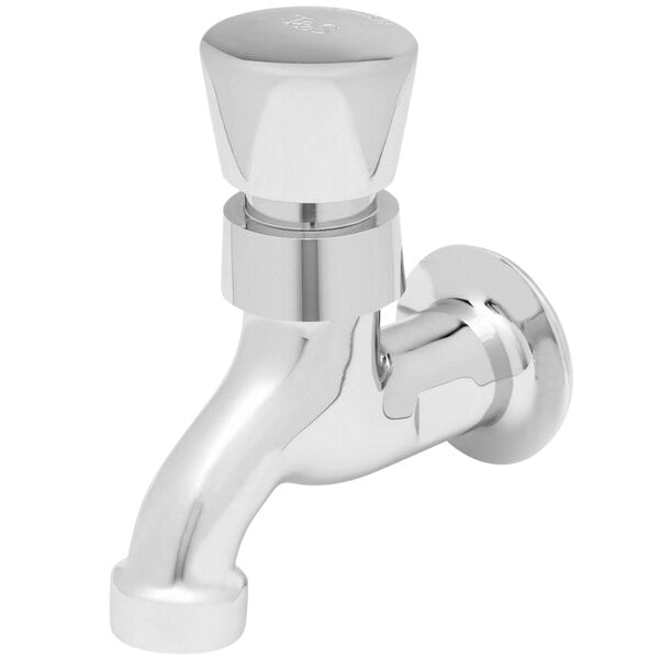 A close up of a silver T&S metering faucet.
