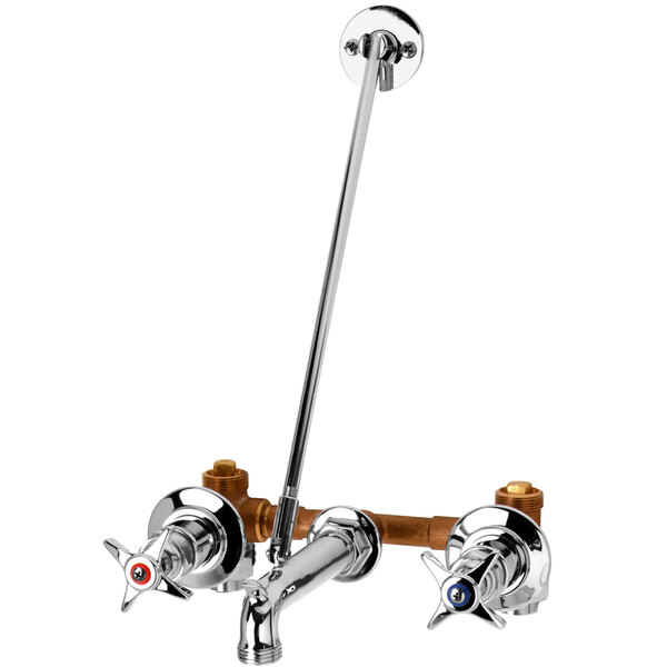A chrome plated T&S wall mount mop sink faucet with four arm handles.