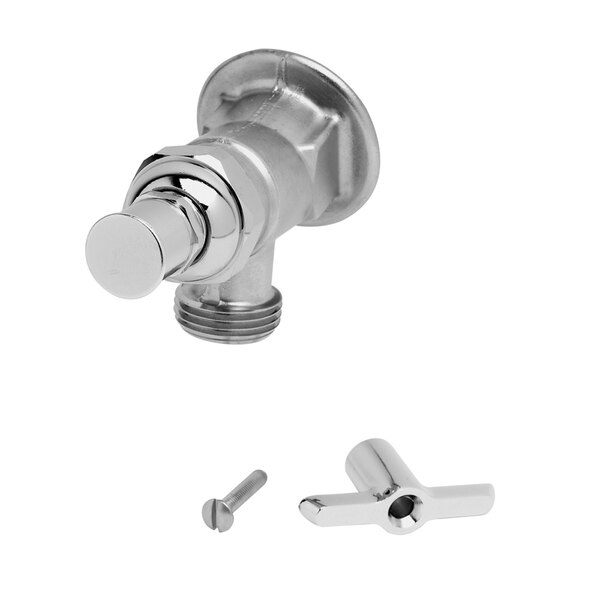 A close-up of a chrome T&S wall mount faucet with a silver water valve and tee handle.