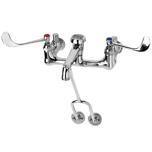 A T&S polished chrome wall mount mop sink faucet with two wrist action handles.