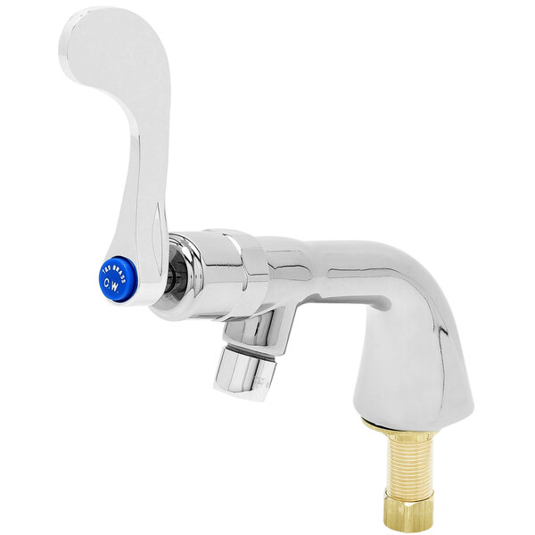 A T&S chrome metering faucet with a blue wrist action handle.
