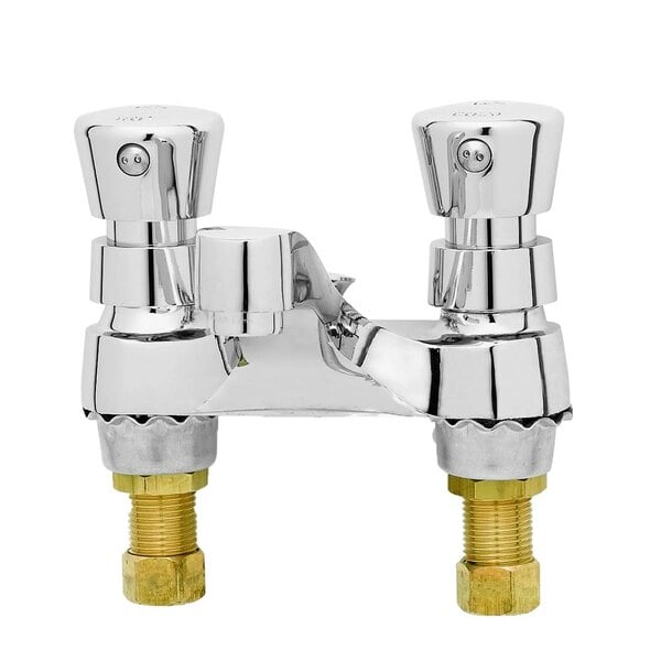 Two chrome plated T&S metering faucets with push button caps on a white background.