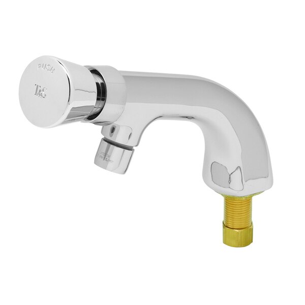 A silver T&S deck mount metering faucet with a gold nut.