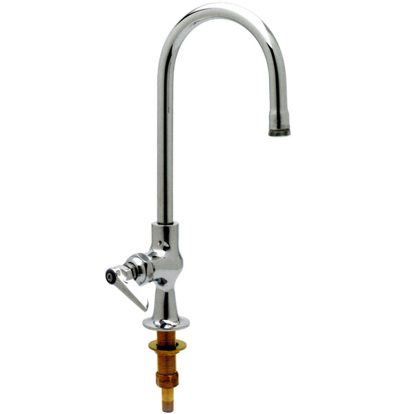 A T&S chrome deck-mount faucet with a yellow spout.