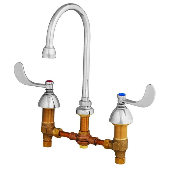A T&S deck mount medical faucet with two wrist action handles and rosespray outlet.