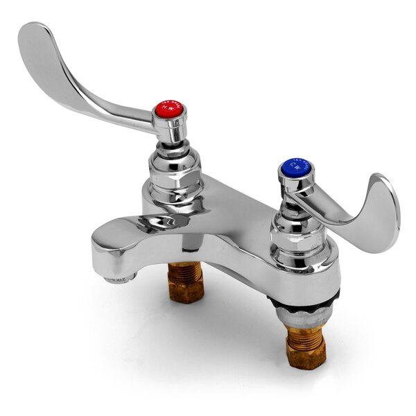 A T&S chrome deck mount faucet with 4" wrist action handles.