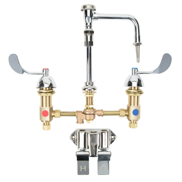 A T&S brass deck mount medical faucet with two serrated nozzles and double valve pedals.
