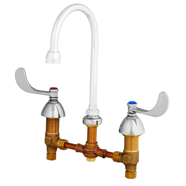 A T&amp;S deck mount faucet base with white wrist action handles.