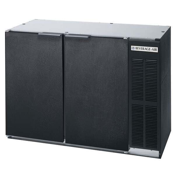 A black Beverage-Air back bar refrigerator with two solid doors.