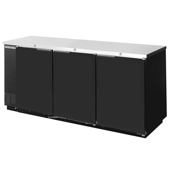A black Beverage-Air back bar refrigerator with three solid doors.