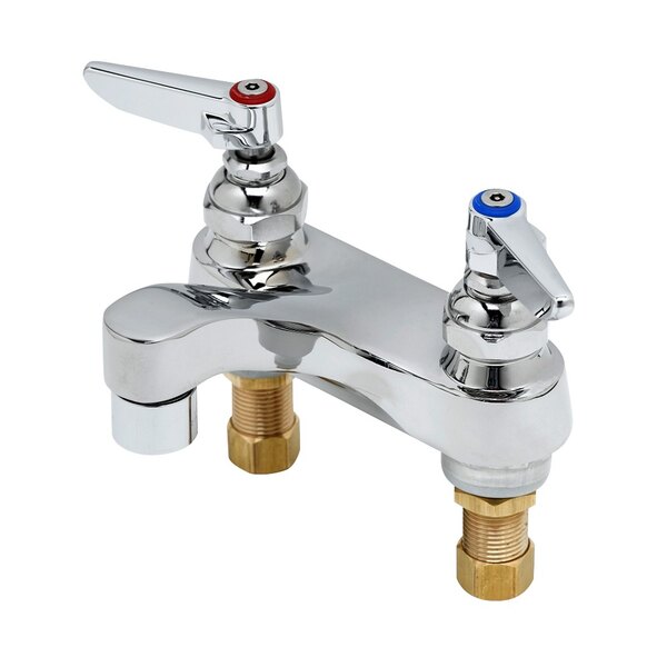 A chrome T&S deck mount faucet with lever handles.