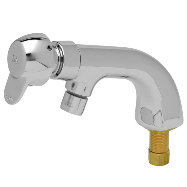 A chrome T&S metering faucet with a gold nut.