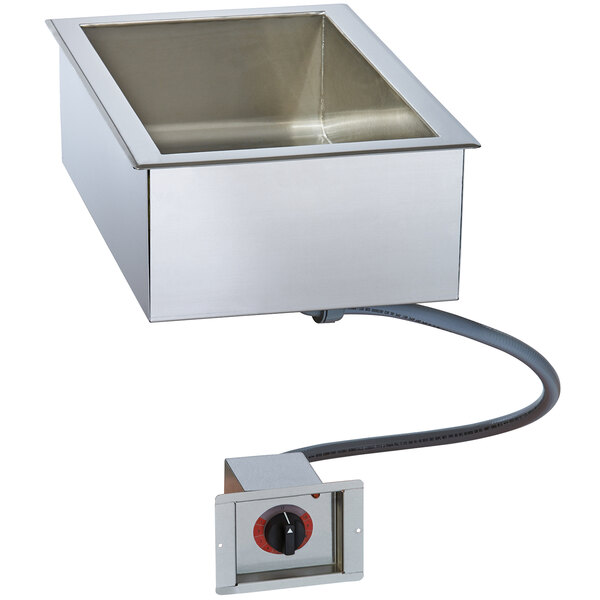 A stainless steel Alto-Shaam drop-in hot food well with a dial.