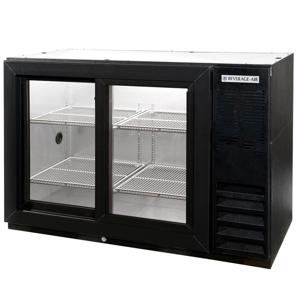 A black Beverage-Air back bar refrigerator with glass sliding doors.