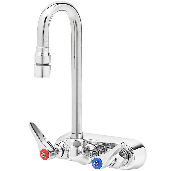 A T&S chrome wall mount faucet with 2 red and blue lever handles.