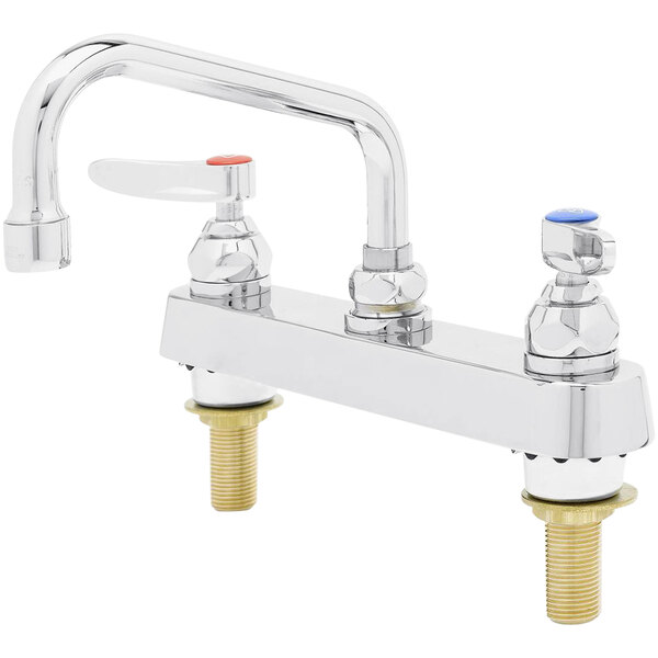 A chrome T&S deck-mount faucet with two handles and swing nozzle.